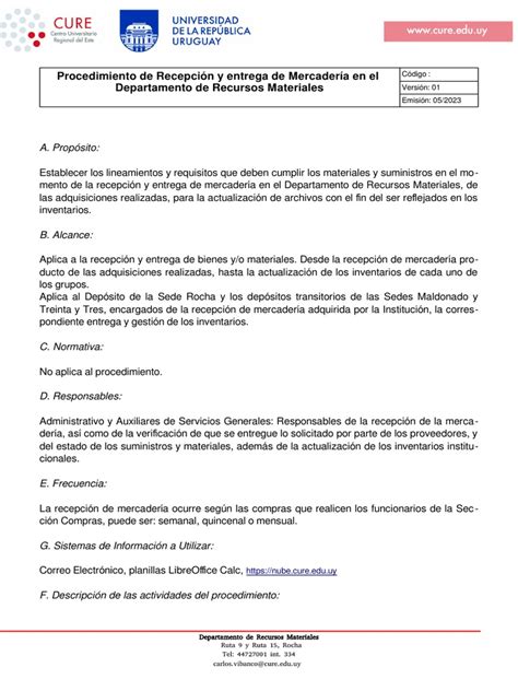 Procedimiento De Recepción Y Entrega De Mercadería Pdf