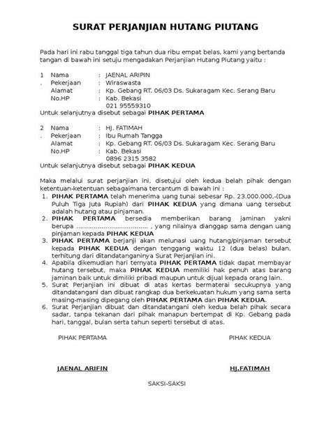 Contoh Surat Perjanjian Bayaran Hutang Malaysia