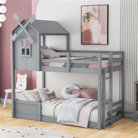 Churanty Twin Over Twin House Bunk Bed For Kids Wooden Low Floor Bunk