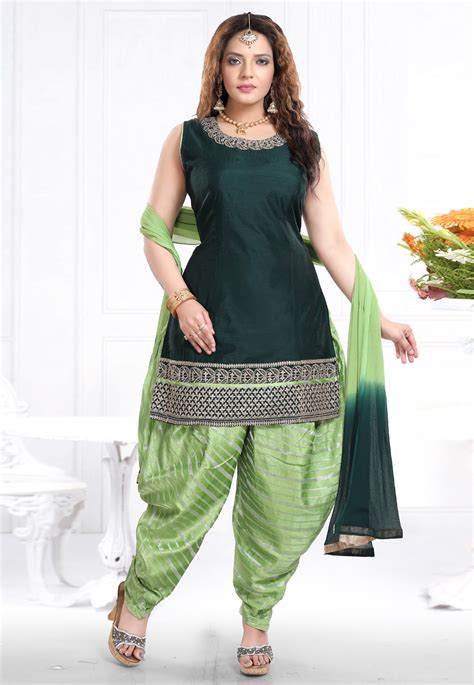 Dark Green Chanderi Silk Readymade Punjabi Suit 196922 In 2020