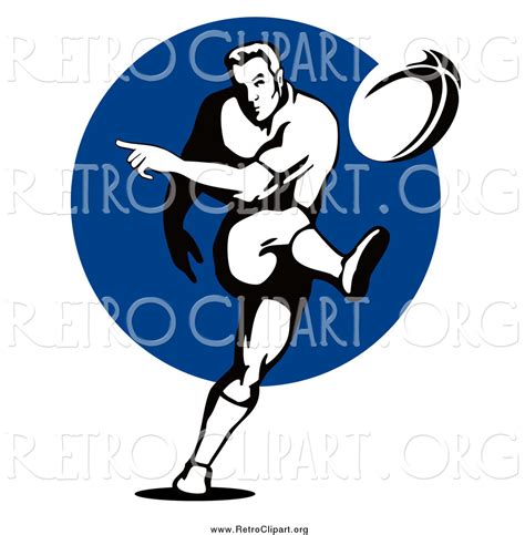 Clipart Of A Black And White Retro Rugby Football Player Kicking Over A