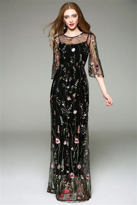 Elegant Black Flower Embroidered Dress In 2020 Flower Embroidered