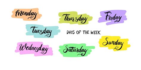 Days Of The Week In Lettering Monday Tuesday Wednesday Thursday Friday Saturday Sunday