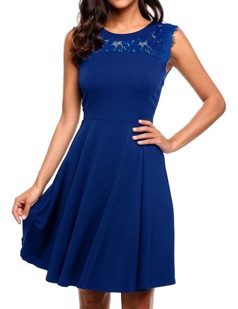 Womens Vintage Scoop Neck Casual Party Flare Dress Blue