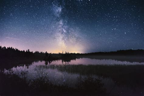 Download Starry Sky Star Milky Way Reflection Lake Nature Night Hd