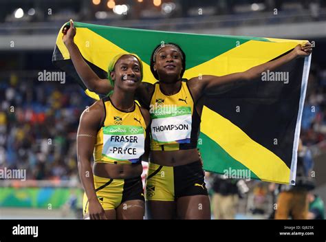 Jamaicas Elaine Thompson With Shelly Ann Fraser Pryce Following The Womens 100m Final On The