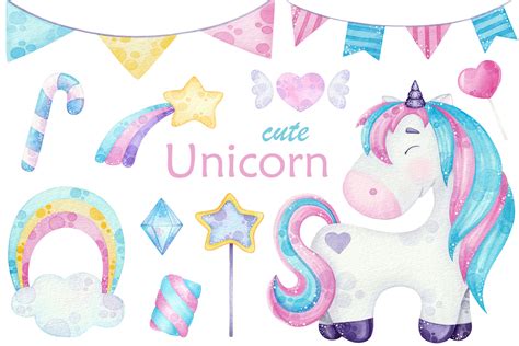 Watercolor Cute Unicorn Clipart Illustrations With Magical Elements By