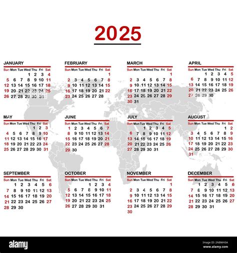 2025 Calendar With World Map Stock Vector Image And Art Alamy