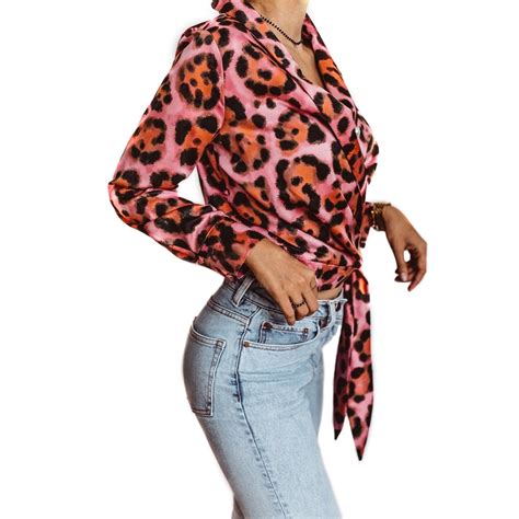 Women Leopard Print Crop Tops Ladies Long Sleeve Deep V Casual Tunic