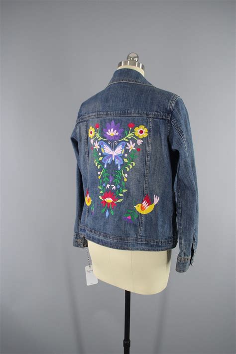Embroidered Denim Jacket Butterfly Birds Floral Folk Embroidery