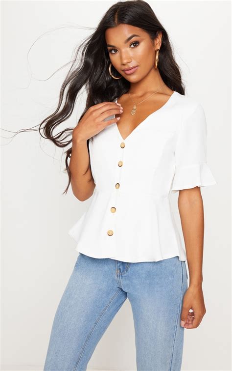 White Button Down Peplum Blouse Tops Prettylittlething Ca