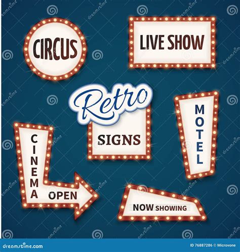 Retro Neon Bulb Vector Signs Set Cinema Live Show Open Circus Now