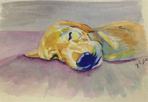 A Watercolor Painting Of A Dogs Head Resting On The Ground With Its