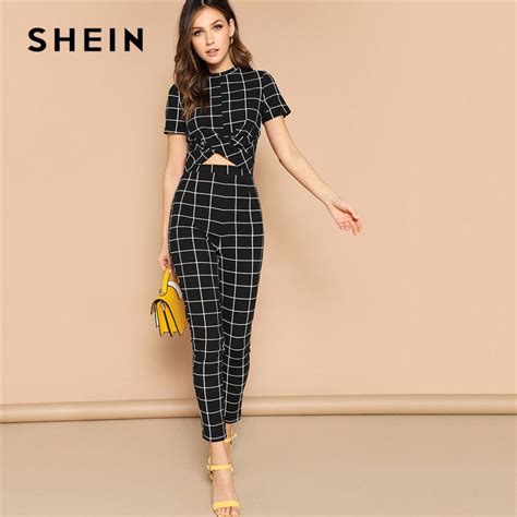 Shein Black Cross Wrap Front Grid Crop Top And Pants Matching Set Women