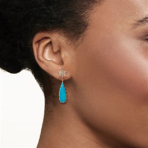 Kingman Turquoise And 89 Ct T W Diamond Star Drop Earrings In 14kt