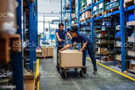 Pekerja Gudang Distribusi Memindahkan Kotak Di Pabrik Foto Stok Unduh
