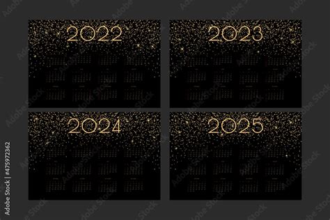 2022 2023 2024 2025 Calendar With Luxury Gold Shiny Glitter And Flares