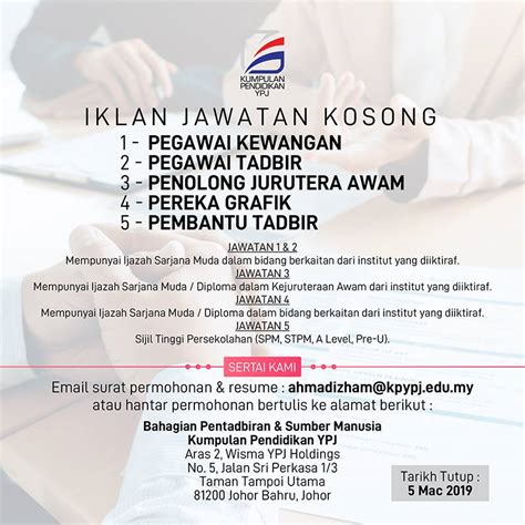 Permohonan adalah dipelawa daripada warganegara malaysia yang berkelaya. Jawatan Kosong di Kumpulan Pendidikan YPJ - 5 Mac 2019 ...