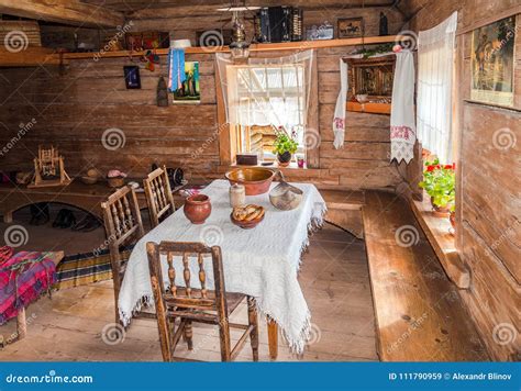 Interior Of Old Traditional Rural Wooden House Editorial Stock Image