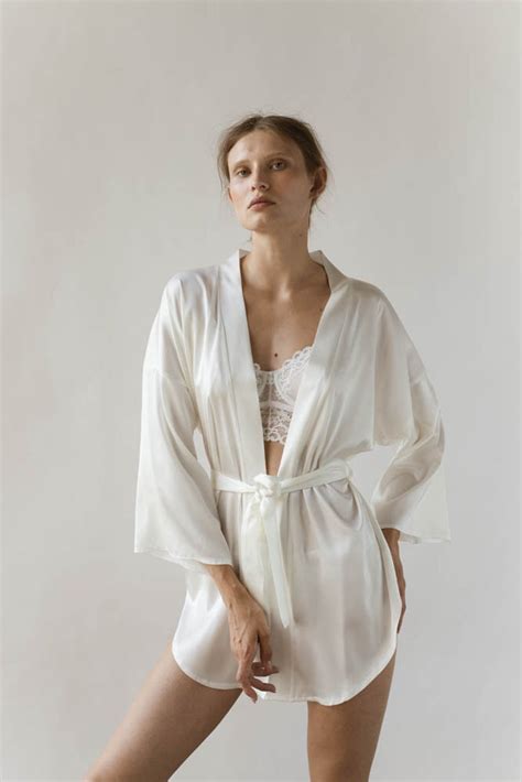 Pure Silk Kimono Robe Bride Robe White Short Robe With Long Etsy