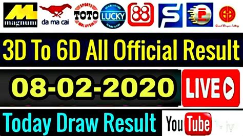 Malaysia live 4d results for sports toto, magnum 4d, pan malaysia 1+3d, 6d (da ma cai), sabah lotto 4d88, sarawak cash sweep & sandakan 4d. Malaysia Live sports today 08/02/2020 1+3D 4D 5D 6D ...