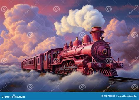 A Pink Train Traveling Through A Cloudy Blue Sky Smoke From The