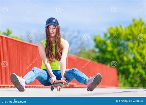 Teenage Girl Skater Riding Skateboard On Street Stock Photo Image Of