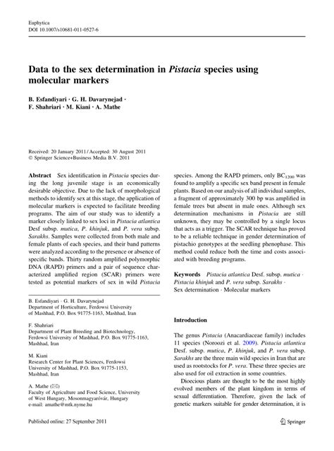 Pdf Sex Determination In Pistacia Species Using Molecular Markers