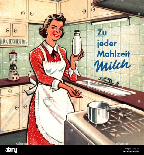 Haushalt Küche Hausfrau Am Herd Motto Zu Jeder Mahlzeit Milch