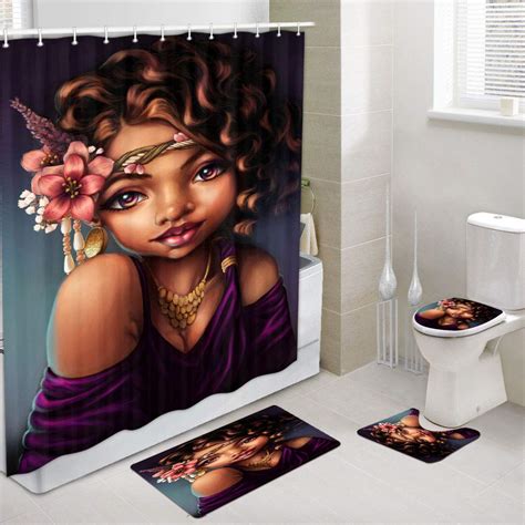 Buy Dynh Black Girl Shower Curtains With Rug Set African Woman Afro American Girly Bathroom