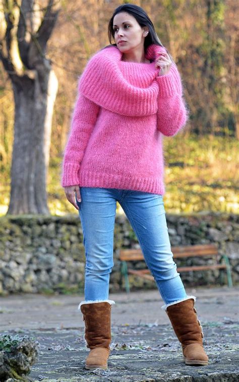 Designer Pink Hand Knitted Mohair Cowl Neck Sweater Fuzzy Dress