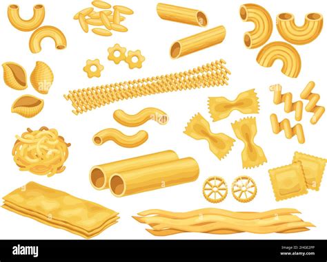 Cartoon Italian Pasta Types Macaroni Spaghetti And Ravioli Dry Penne