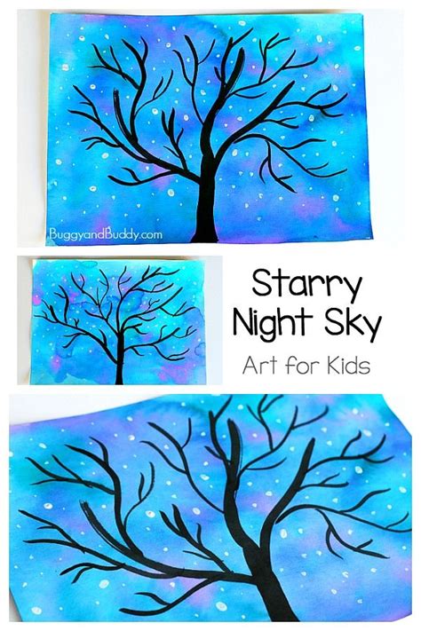 Winter Tree And Starry Night Sky Art Project For Kids Night Sky Art