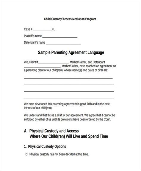 Printable Child Custody Agreement Template Printable Templates Free
