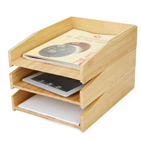 Mind Reader 3 Tier Bamboo File Tray Organizer Stackable Paper