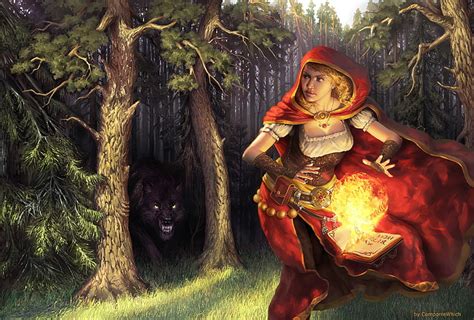 hd wallpaper forest girl trees fire magic ball wolf predator little red riding hood