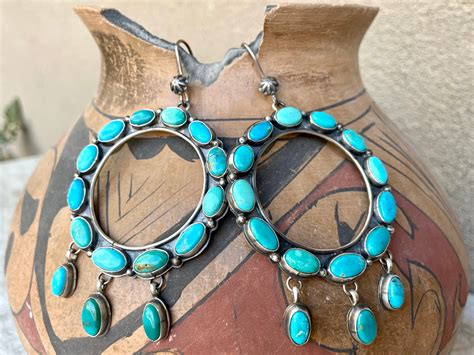 Big Turquoise Cluster Hoop Earrings By Navajo Annie Hoskie Native