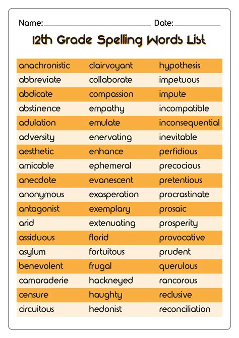 10th Grade Spelling Words Printable Templates