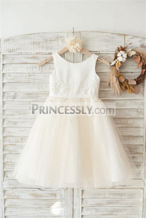 Ivory Satin Champagne Tulle Flower Girl Dress With Ivory Beaded Lace