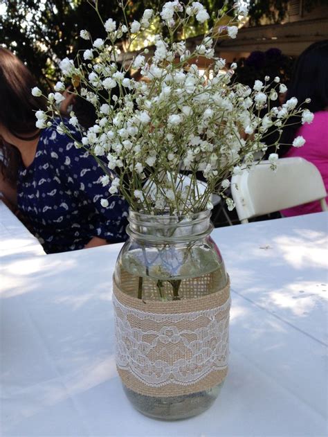 Babys Breath Centerpiece In A Mason Jar Wrapped In Burlap And Lace