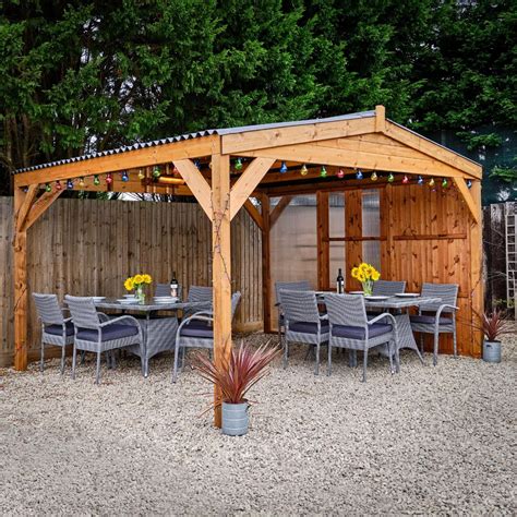Product support is also available. Wooden gazebo with side panel options and grey rattan ...