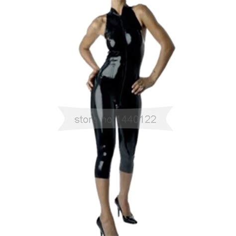 Front Zip Black Female Latex Catsuit Sleeveless And Short Legs Rubber