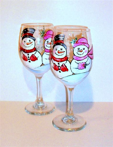 Snowman Hand Painted Wine Glasses Set Of 2 20 Oz White Etsy