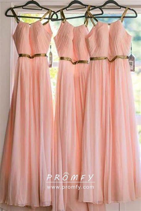 Peach Pink Chiffon A Line Long Bridesmaid Dresses Promfy