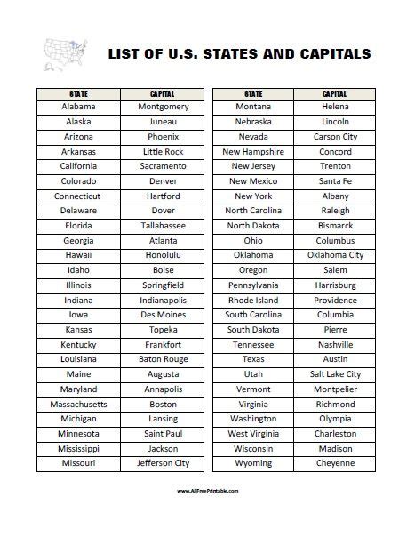 Printable List Of States And Capitals