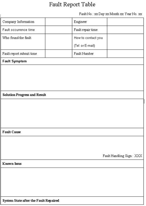 Equipment Fault Report Template 5 Templates Example Templates
