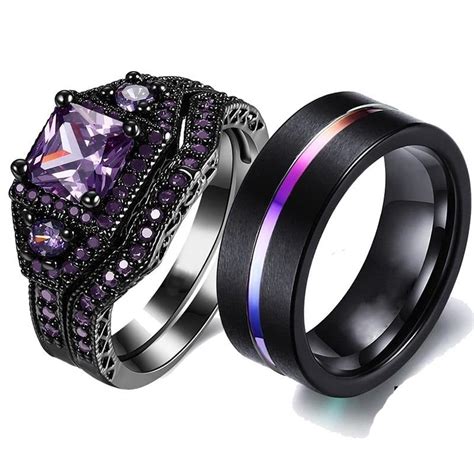 Rainbow And Purple Cubic Zirconia Stainless Steel Wedding Ring Set