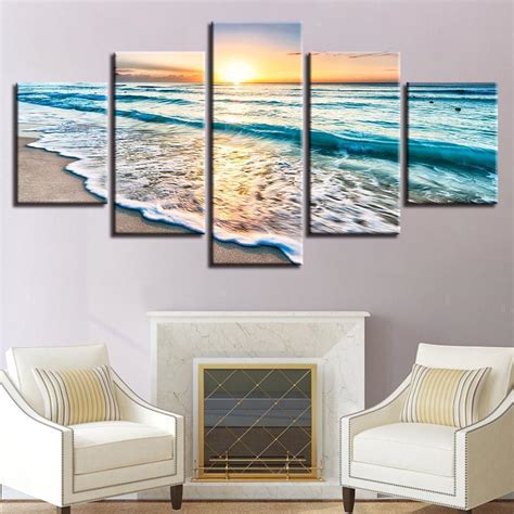 Ocean Waves In Sunset Nature 5 Panel Canvas Art Wall Decor Canvas Storm