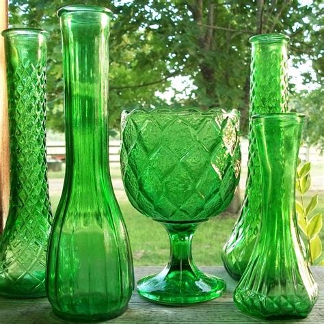 Sale Set Of 5 Vintage Emerald Green Vases And Planter