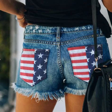 2022 Summer New Womens Ripped American Flag Print Denim Shorts Fashion Casual Tassel Trim Sexy